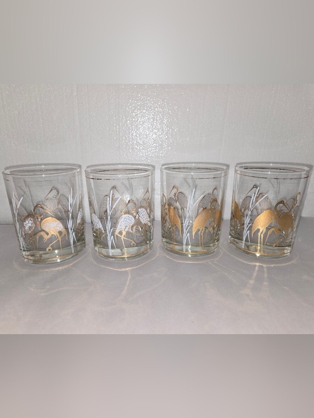 Mid Century Culver Glass 22k Cranes Birds Cattail LowBall Glasses Has Paint Loss
